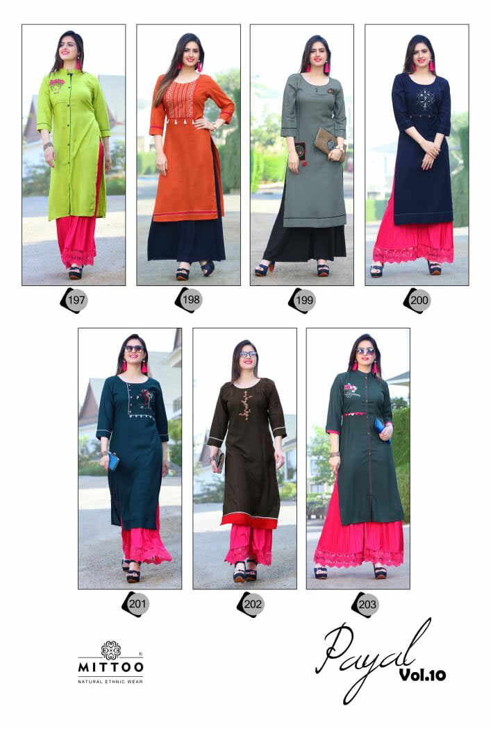 Payal Vol-10 Mittoo Embroidery Rayon Wholesale Kurti Payal Vol-10 Mittoo Embroidery Rayon Wholesale Kurti